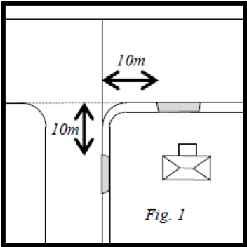 Diagram showing the required 10-metre distance between dropped kerbs and junctions.