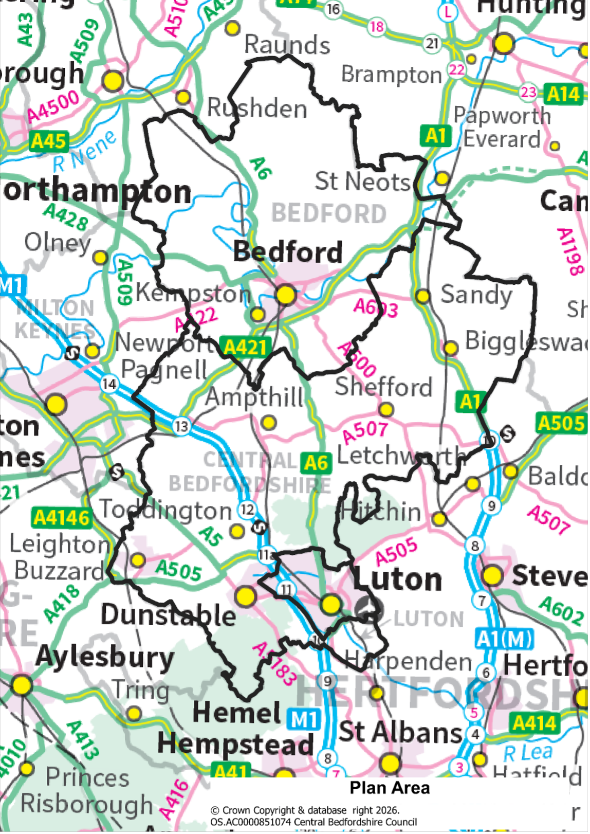 Map of Bedfordshire, showing the boundaries of Bedford Borough, Central Bedfordshire and Luton