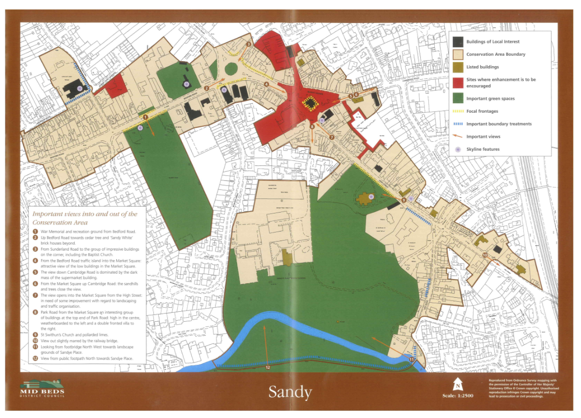 This map shows the conservation area of Sandy, Bedfordshire, highlighting key features such as:<br />
listed buildings<br />
buildings of local interest<br />
conservation area boundaries<br />
areas where visual enhancement is encouraged