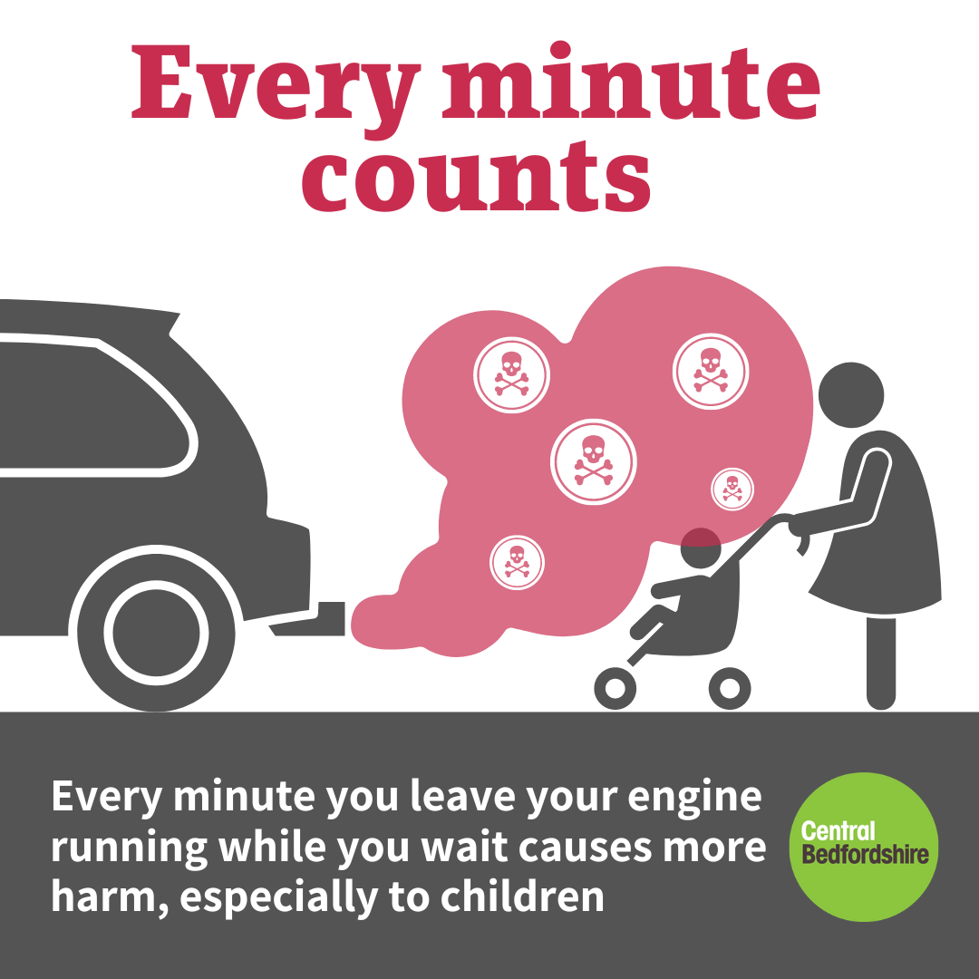 A waiting car gives off exhaust fumes into a person with a child in a pushchair. Headline reads "Every minute counts@. Text below reads: "Every minute you leave your engine running while you wait does more harm, especially to children."