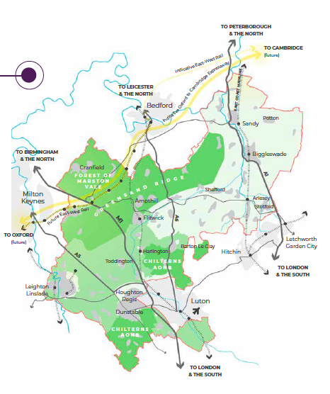 Map of Central Bedfordshire showing key towns, transport routes, natural areas like the Chilterns AONB and Forest of Marston Vale, and connections to nearby cities including London, Cambridge, and Milton Keynes.
