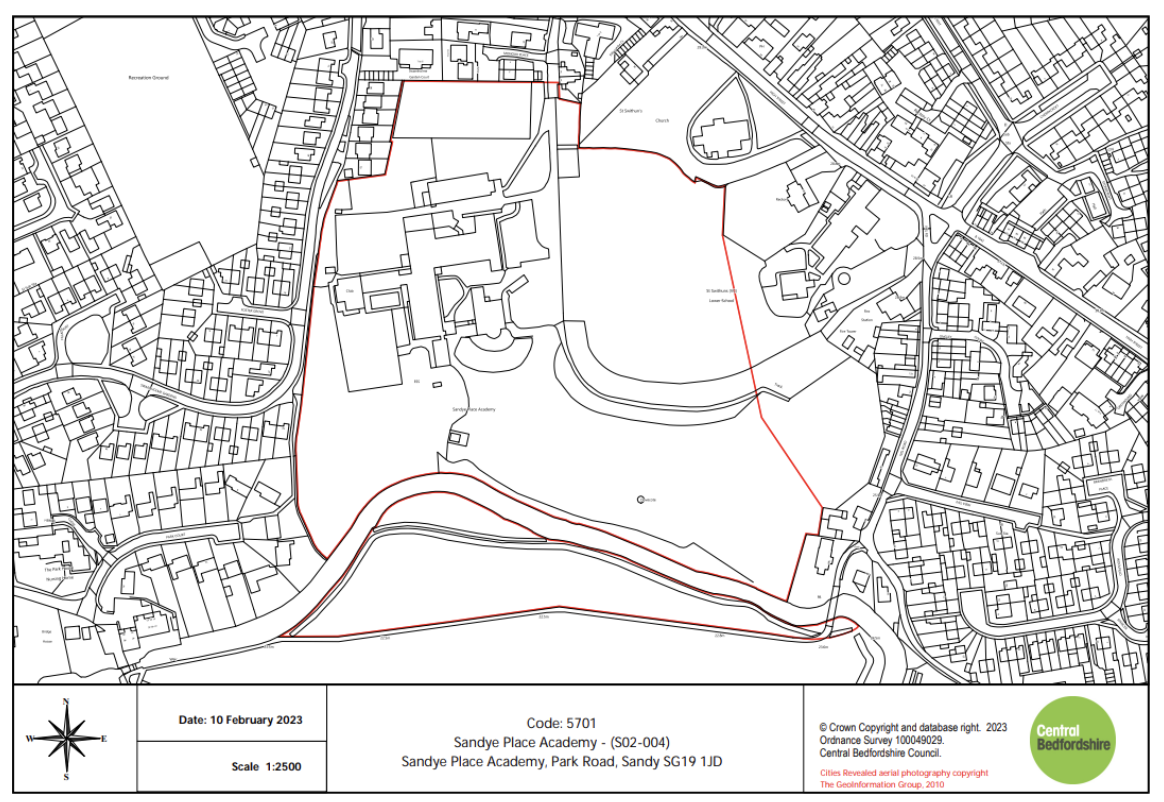 This map shows the former Sandye Place Academy site, outlined in red, located in Sandy, Bedfordshire.