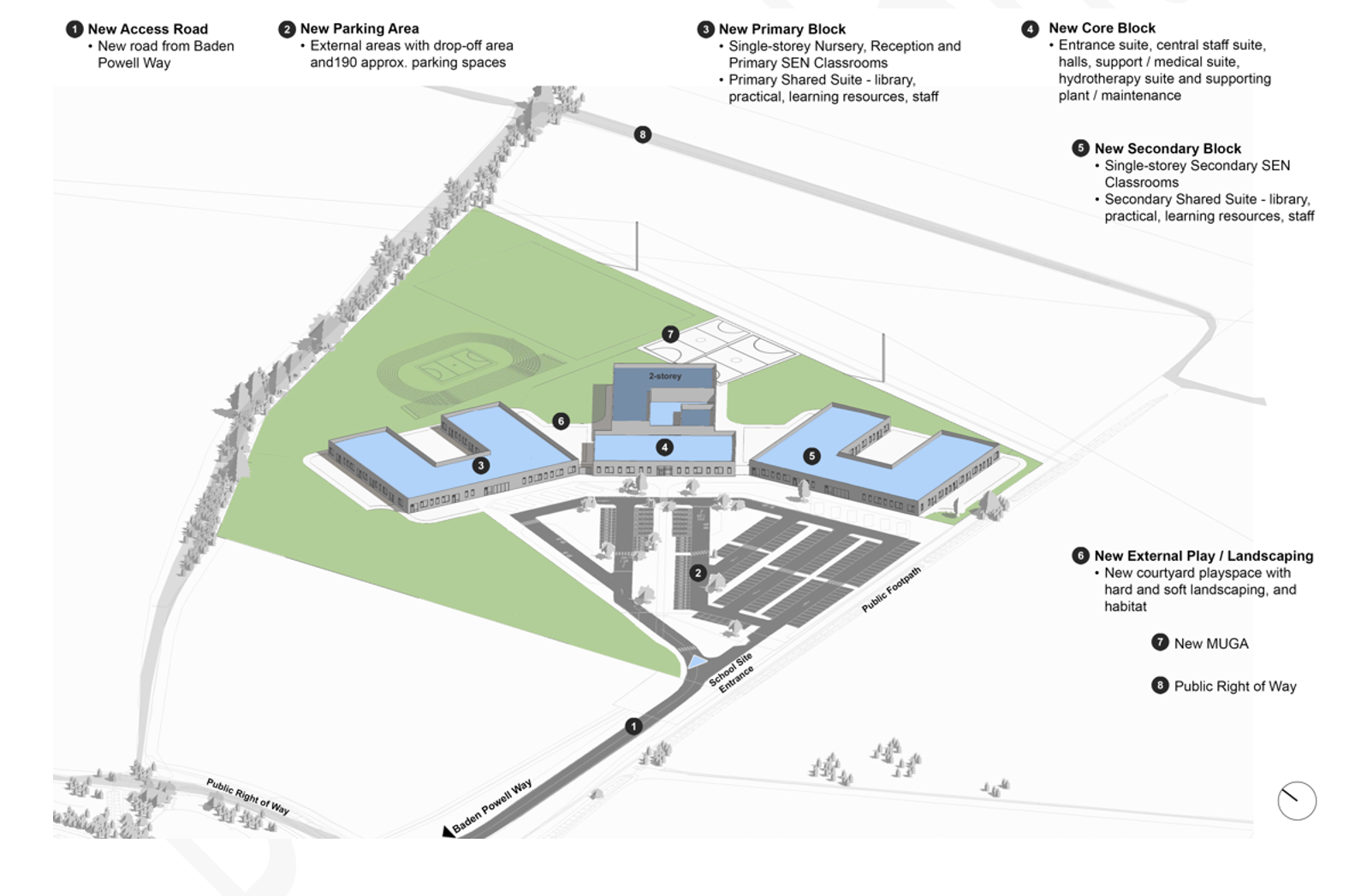 Site plan showing Option 4 new school at Baden Powell Way with primary and secondary blocks, core block, new access road, parking, MUGA, play areas and landscaping.