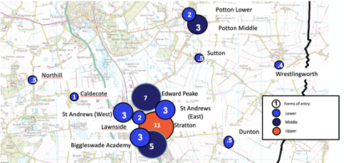 The following map shows the current location of all the lower middle and upper schools and the classes in each year group that each school has i e the number of classes in each year group