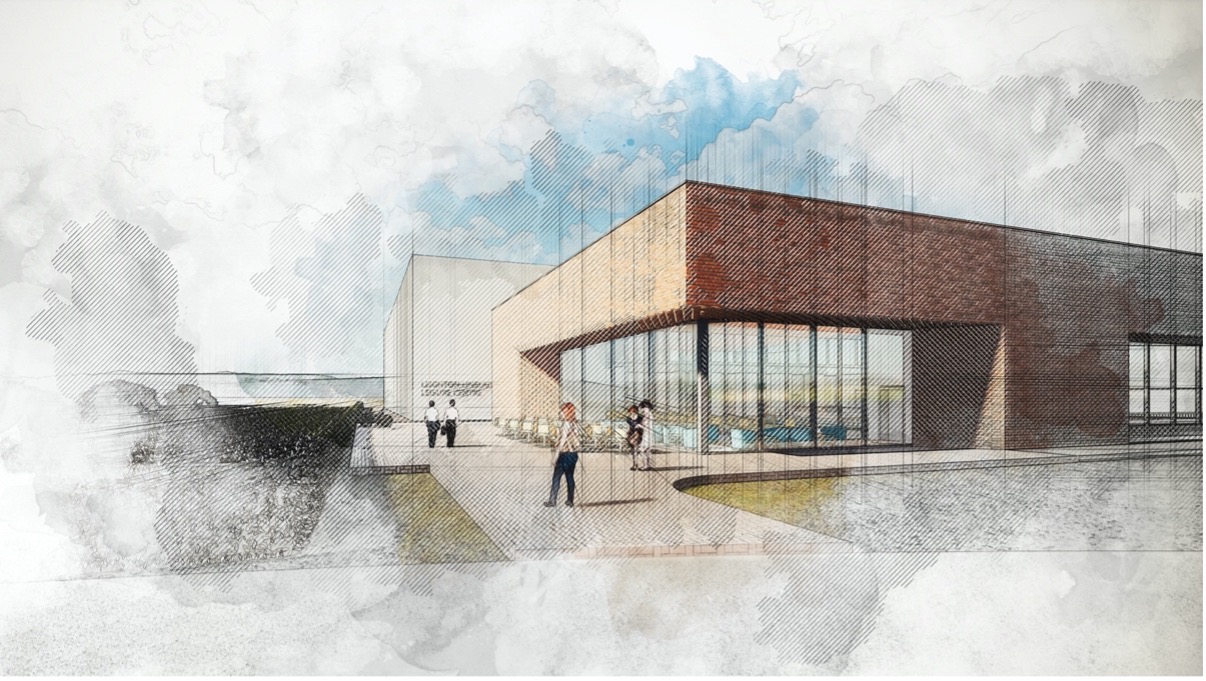 Artist's impression sketch of outside Leighton-Linslade leisure centre, with people