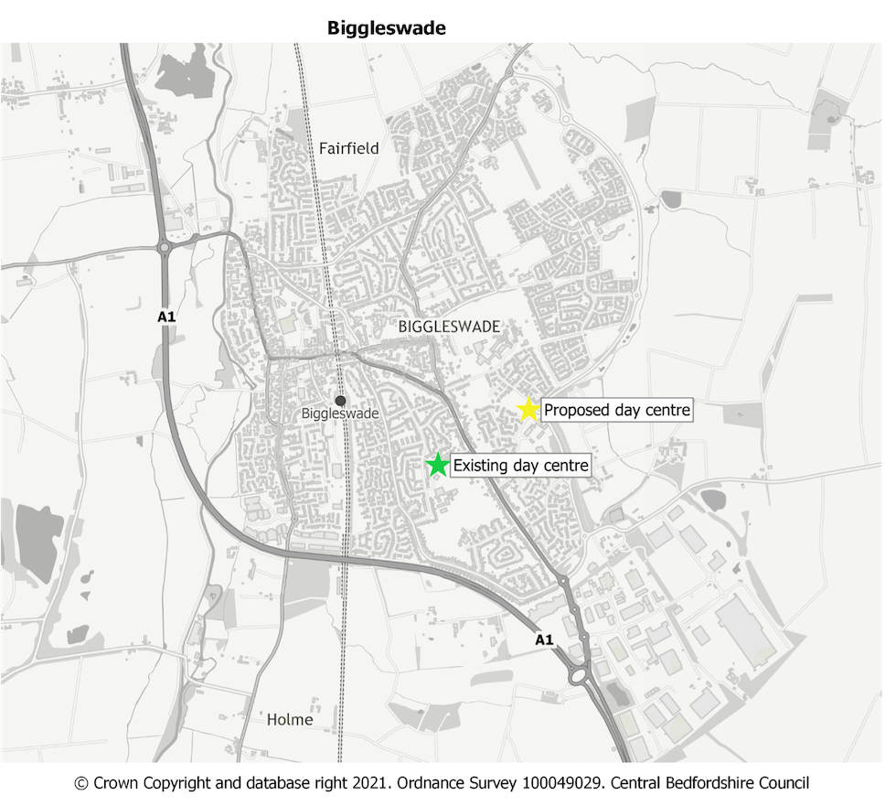 Map showing current and proposed locations for Biggleswade Day Centre.