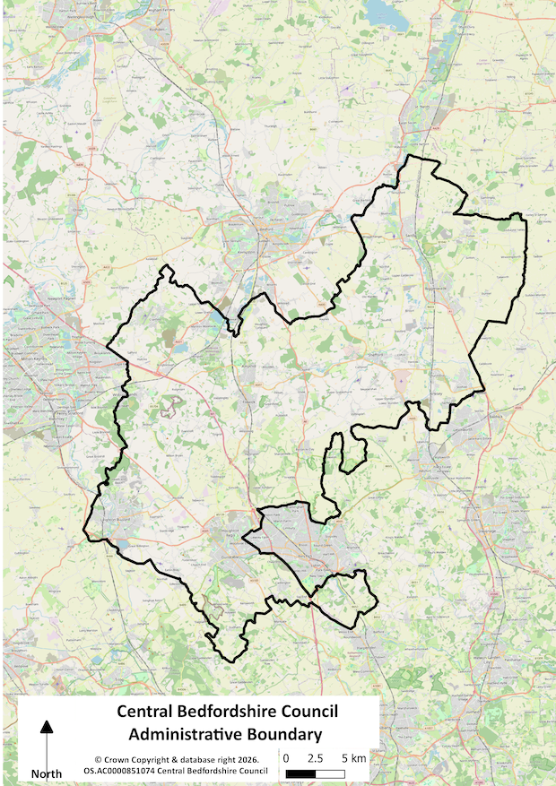 Map showing the Central Bedfordshire boundary