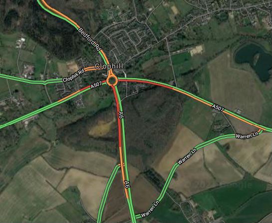 Map showing Clophill roundabout typical evening traffic peak in 2021