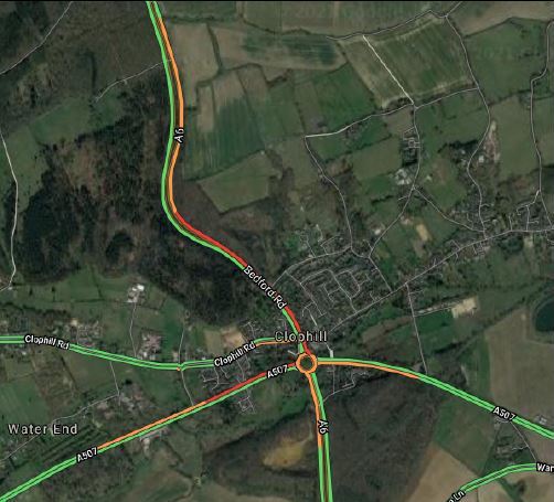 Map showing Clophill roundabout typical morning traffic peak in 2021