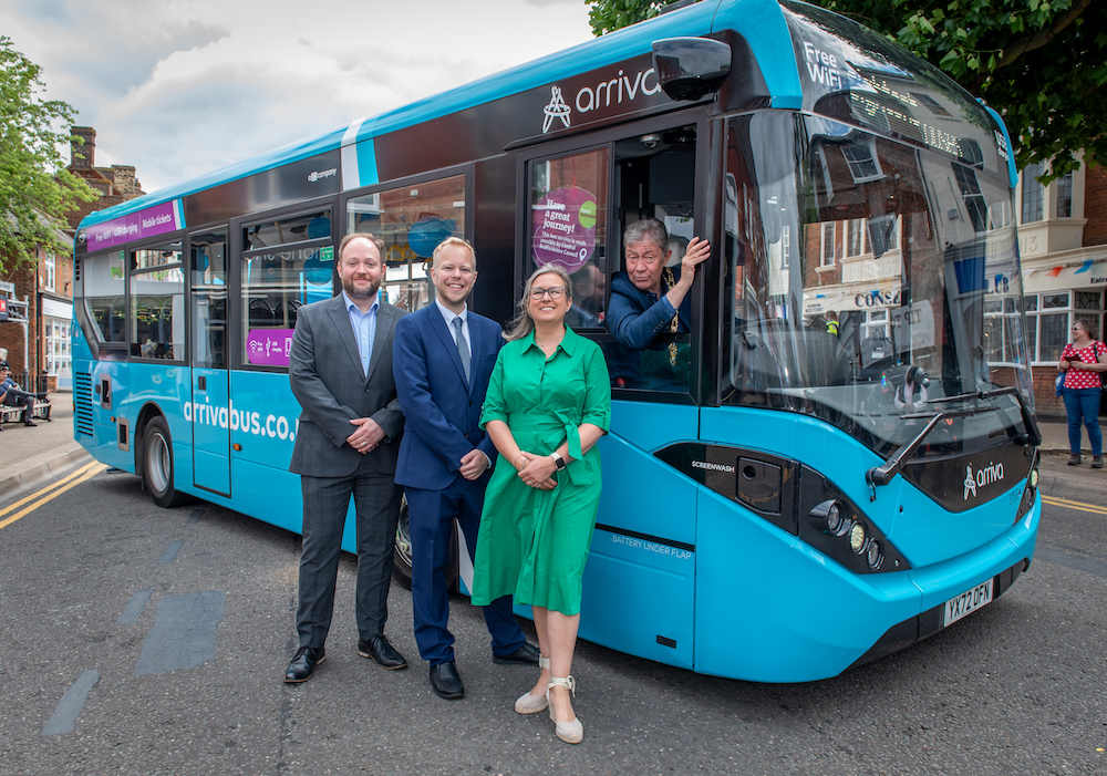 Dignitaries on a bus, launching new routes in Leighton Buzzard.