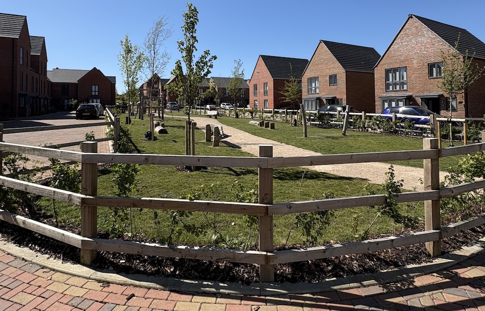 Houses on the Linmere development, with a footpath running between them.