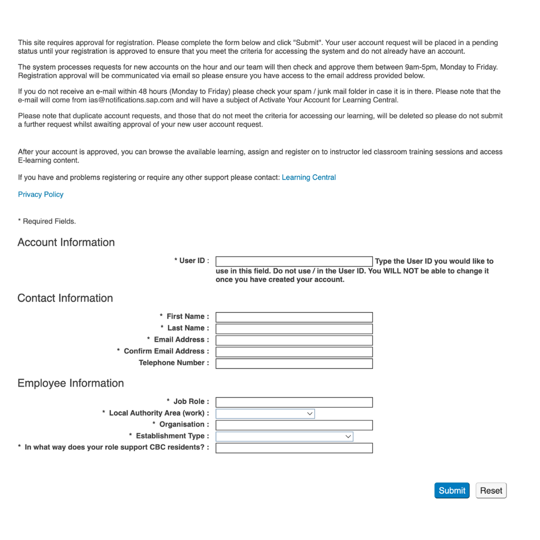 Learning Central registration form screenshot