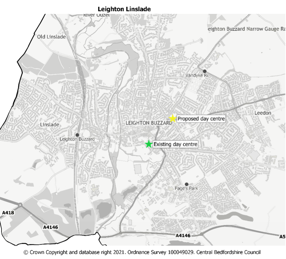 Map showing current and proposed locations for Leighton Buzzard Day Centre.