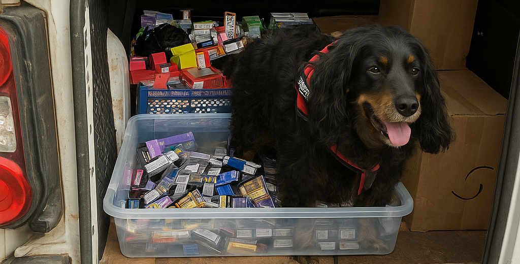 Maustin the sniffer dog with the haul of counterfeit tobacco and vape goods.