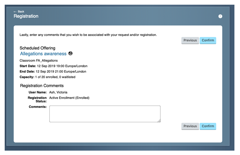 Screenshot of My Learning registration