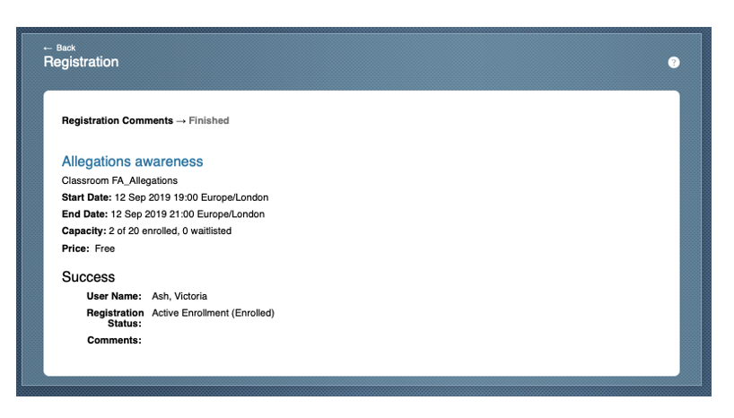 My Learning registration confirmation screenshot