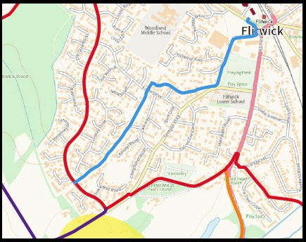 Map: Flitwick, Manor Way to train station