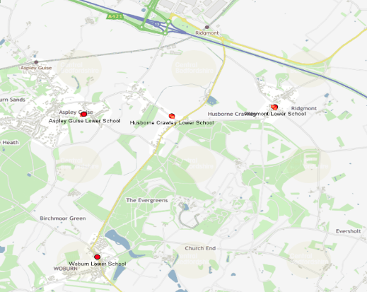 Map showing location of Ridgmont Lower School and nearest schools.