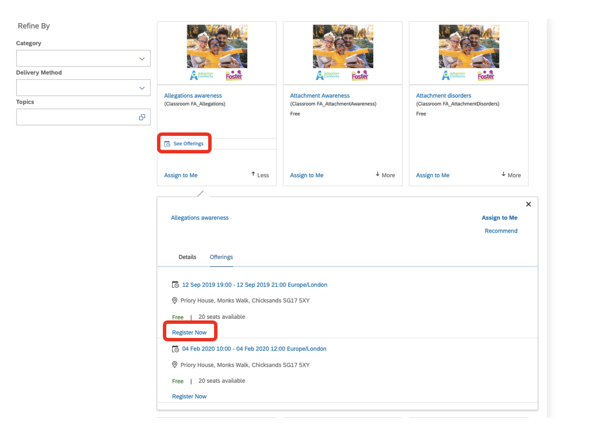 My Learning screenshot with a red border around "See offerings" and "Register now" links