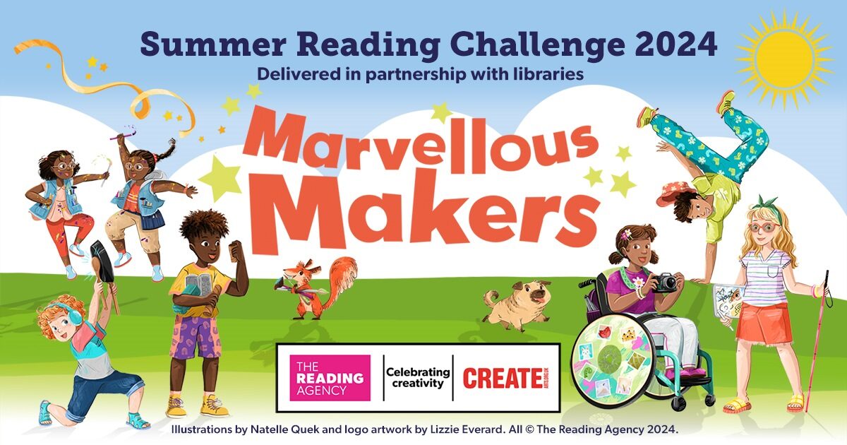 Summer Reading Challenge 2024; an illustration of children doing different activities.