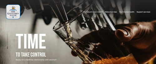 Screenshot of the Time Gentlemen Please website, showing a hand pouring a pint from a bar tap.