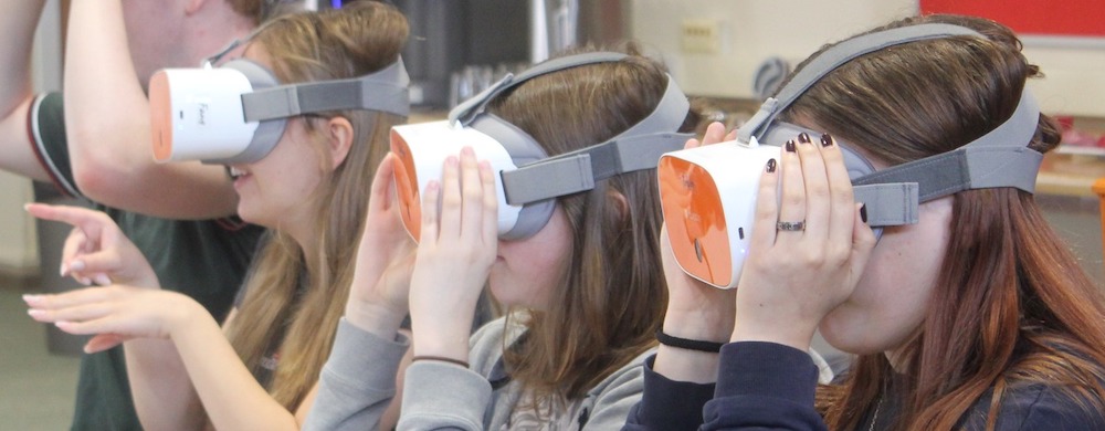 Pupils at Redborne Upper School trying the VR headsets