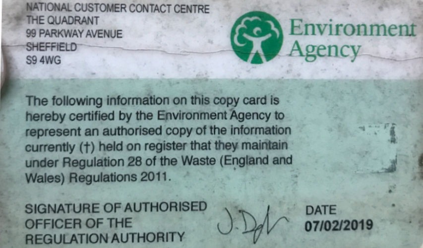 Example waste carrier licence: Environment Agency information
