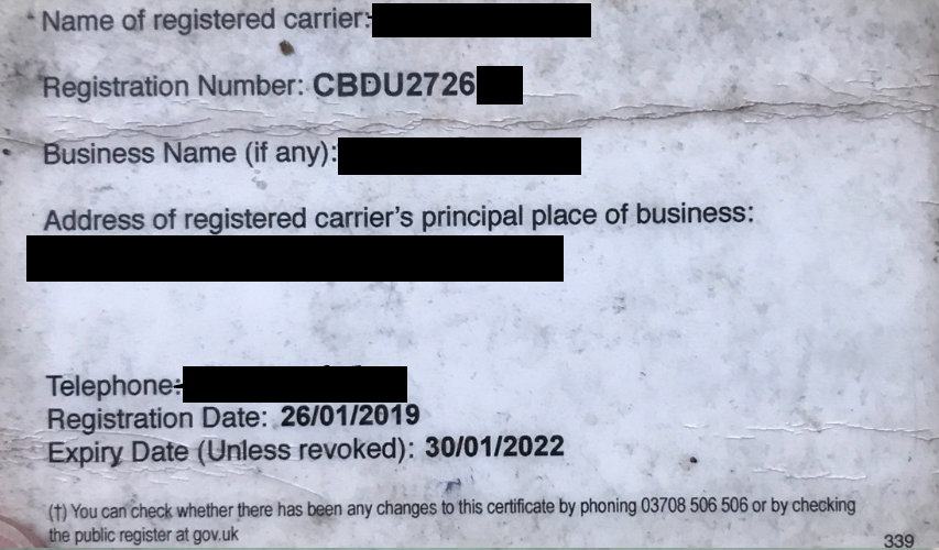 Example waste carrier licence: licence holder details