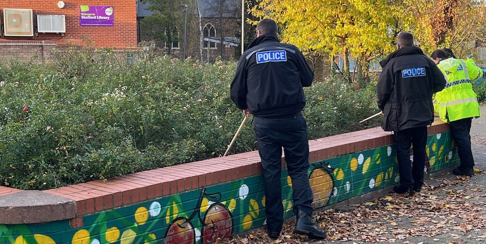 Police officers searching shrubbery next to Shefford Library.