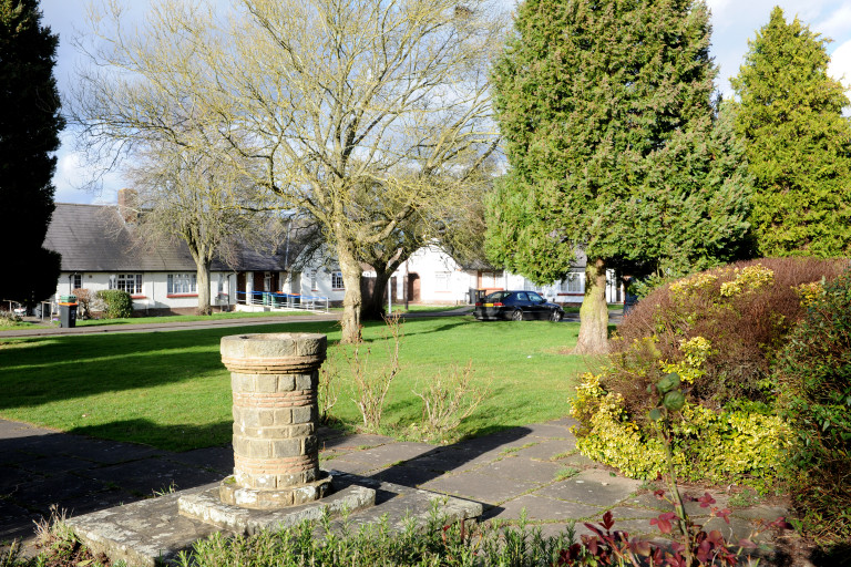 Stone planter on Croft Green surrounded by lawns, mature trees and residential buildings.
