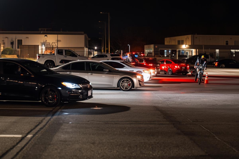 Cars gathering on an industrial estate at night, with a cyclist riding past traffic cones.