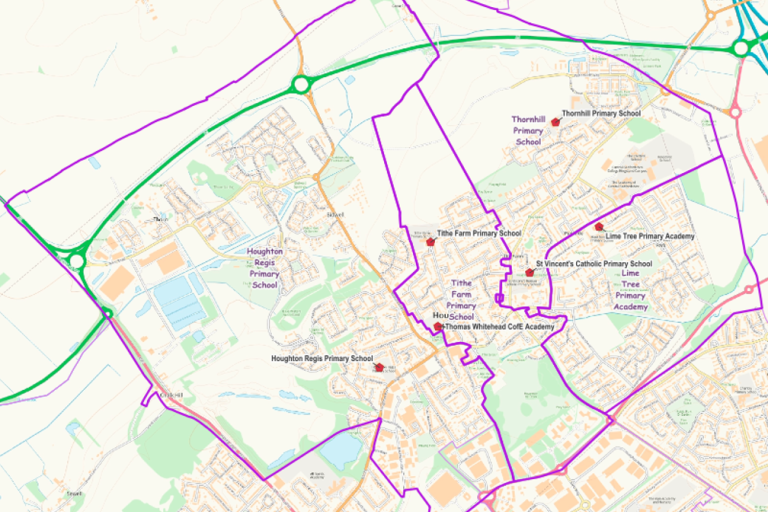 Map showing primary schools and catchment areas