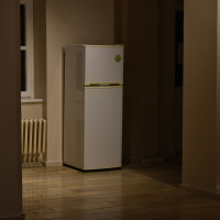 A fridge-freezer, in the corner of a room