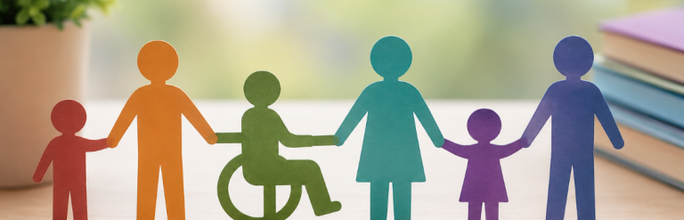 Illustration of diverse paper cut-out figures, including a wheelchair user, standing together holding hands on a table, symbolising inclusion, community support and collaboration.