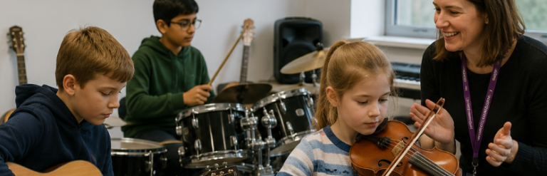 Illustration of children learning and playing musical instruments with a teacher in a bright music classroom, representing community music education and out-of-school music provision.