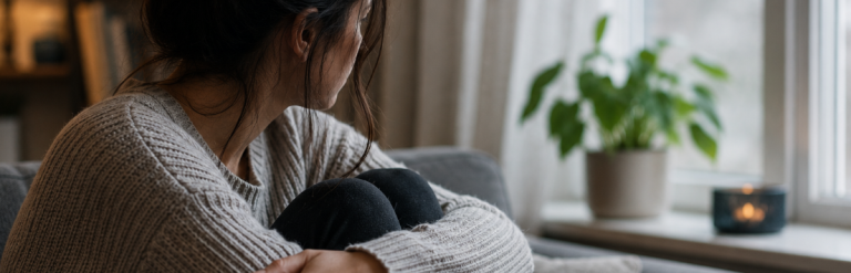 Illustration of a person sitting quietly by a window in a calm home setting, conveying reflection, safety and support for people affected by domestic abuse.